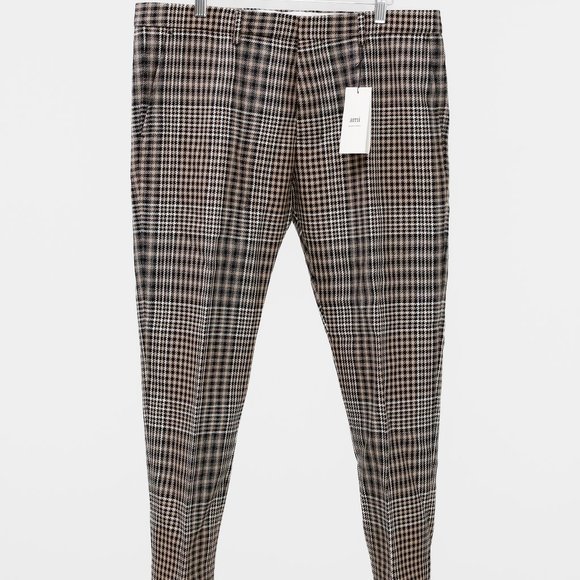 Ami Men's Cropped Prince of Wales Beige Wool Trousers